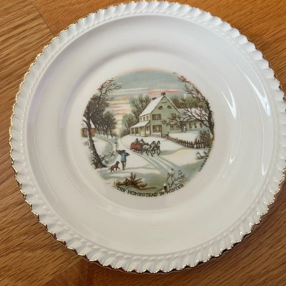 Vintage Harkerware Currier & Ives Winter Scene Cake & Dessert Plates + Server